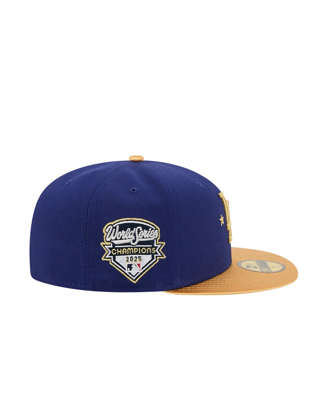 Blue and gold LA Dodgers World Series Champions 2025 fitted hat side view