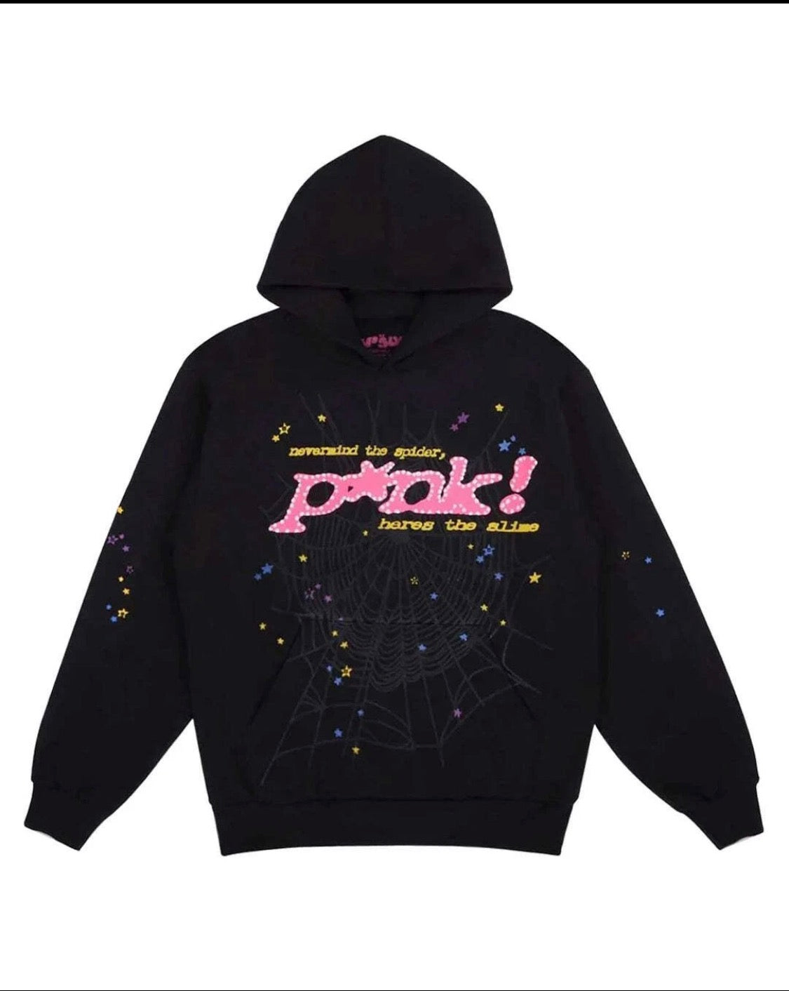 Black hoodie with pink spider web graphic, size Large