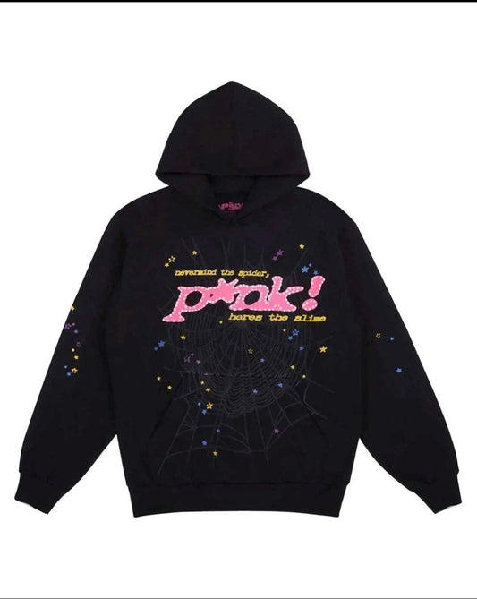 Black hoodie with pink spider web graphic, size Large